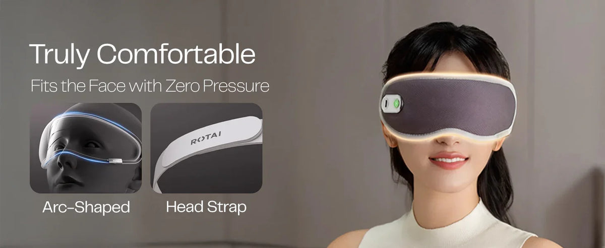 Woman wearing an arc-shaped eye massager with adjustable head strap, ergonomic comfort design
