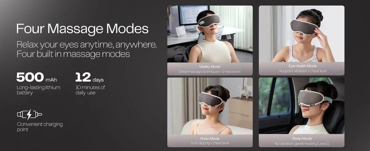 Woman using smart eye massager device with four massage modes, rechargeable for eye relaxation