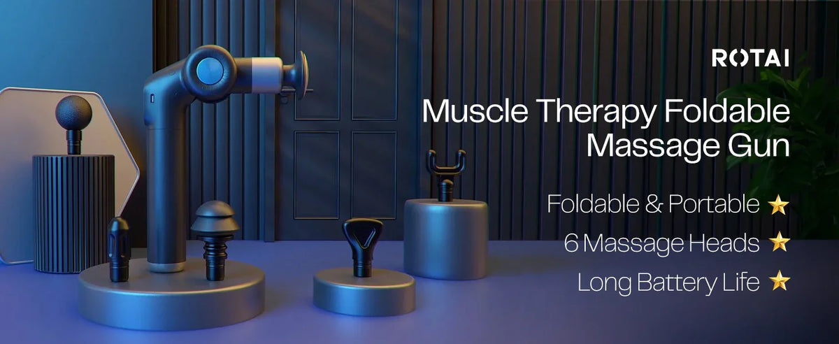 Foldable massage gun with multiple massage heads, muscle therapy device on blue background