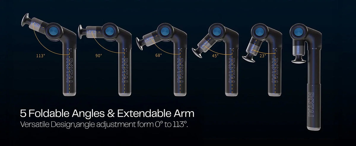 Foldable massage gun with adjustable arm shown at five angles, highlighting its versatility.