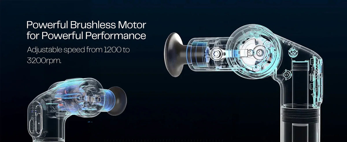 Transparent view of foldable massage gun showing powerful brushless motor and adjustable speed.