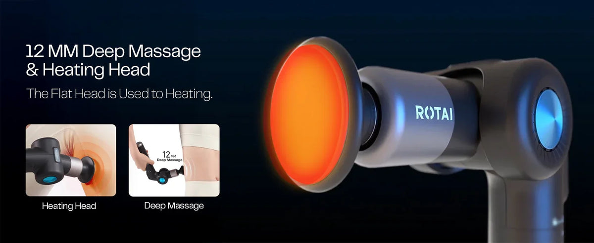 Foldable massage gun with 12mm deep massage and heating head, close-up view