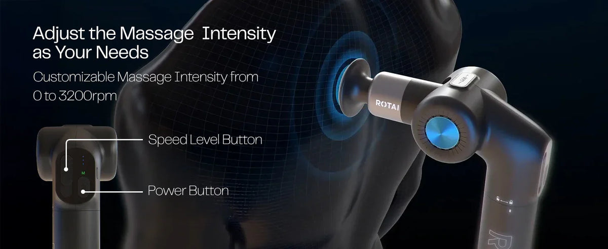 Foldable massage gun with adjustable speed and power buttons in use on shoulder muscles
