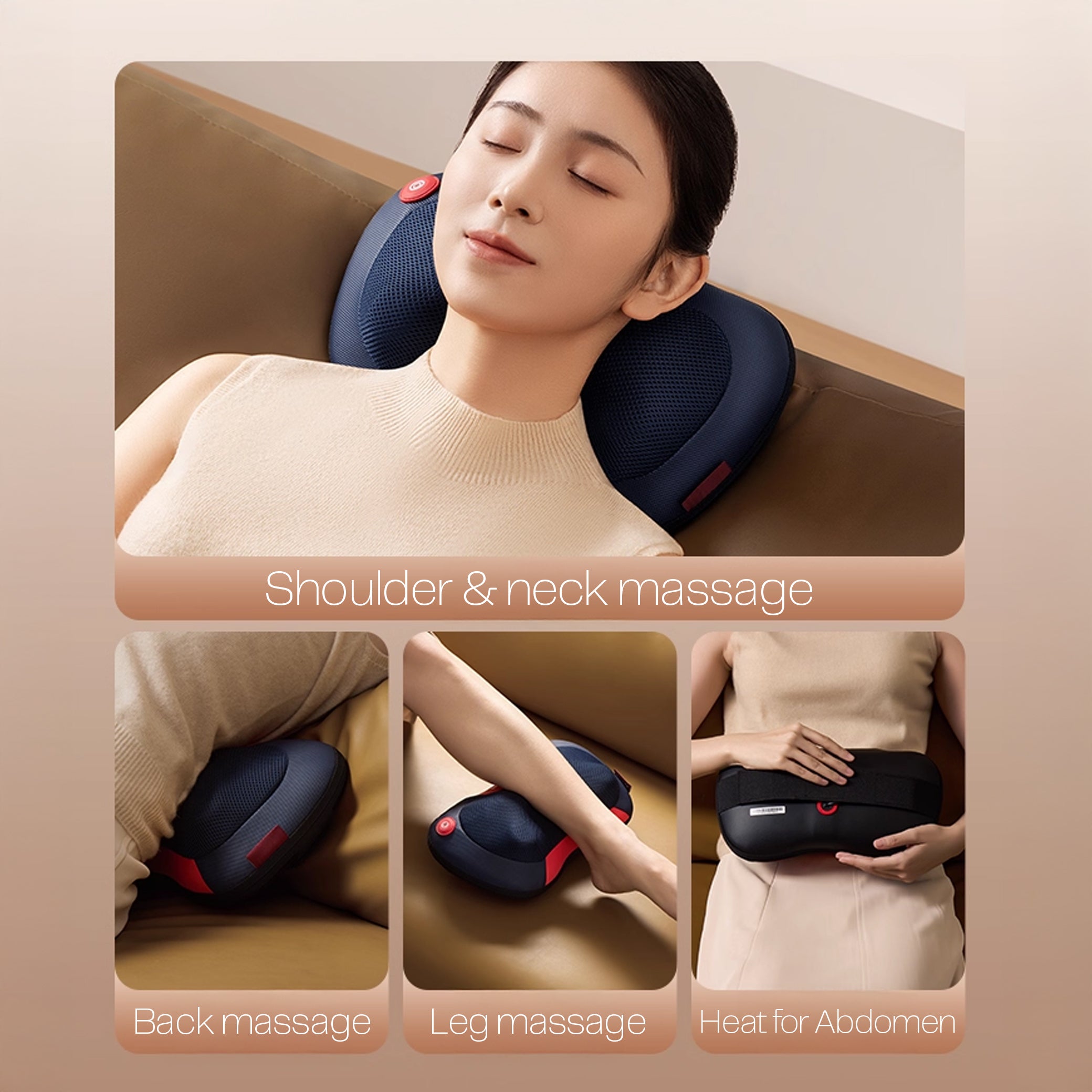 Person using a neck and shoulder massager with additional functions shown below.