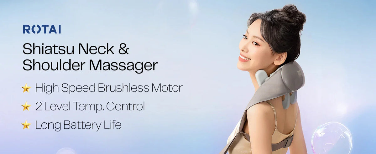 Woman using a shiatsu neck and shoulder massager with brushless motor and temperature control