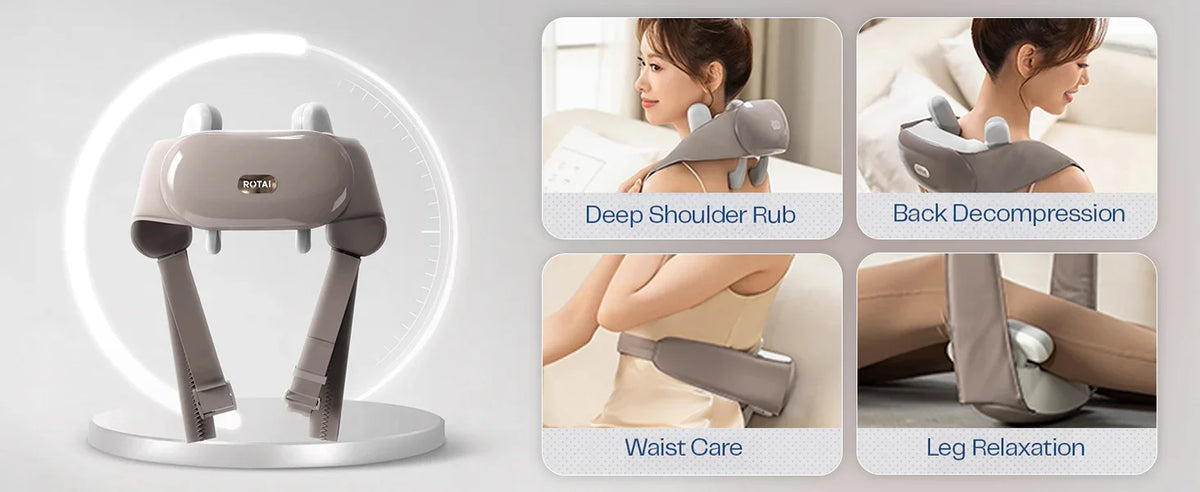 Multi-function massage device shown for deep shoulder rub, back decompression, waist care, and leg relaxation