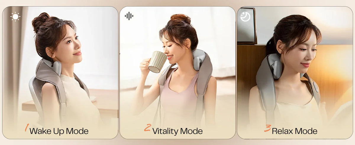 Woman using neck and shoulder massage device in wake up, vitality, and relax modes at home
