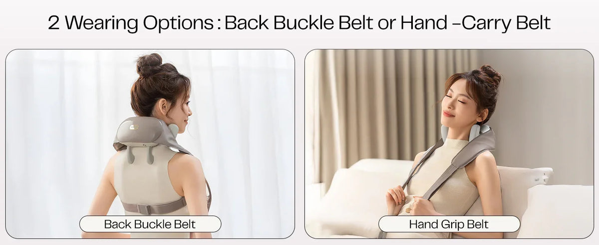 Woman demonstrating two ways to wear a neck and shoulder massager: back buckle belt and hand grip belt.