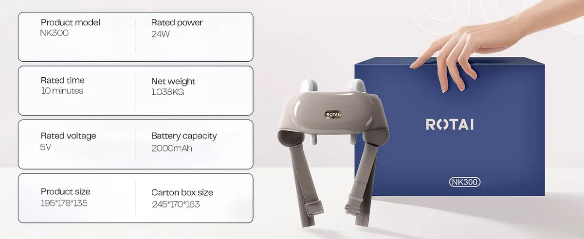 NK300 portable massage device with specs, beside blue packaging box and hand reaching toward it