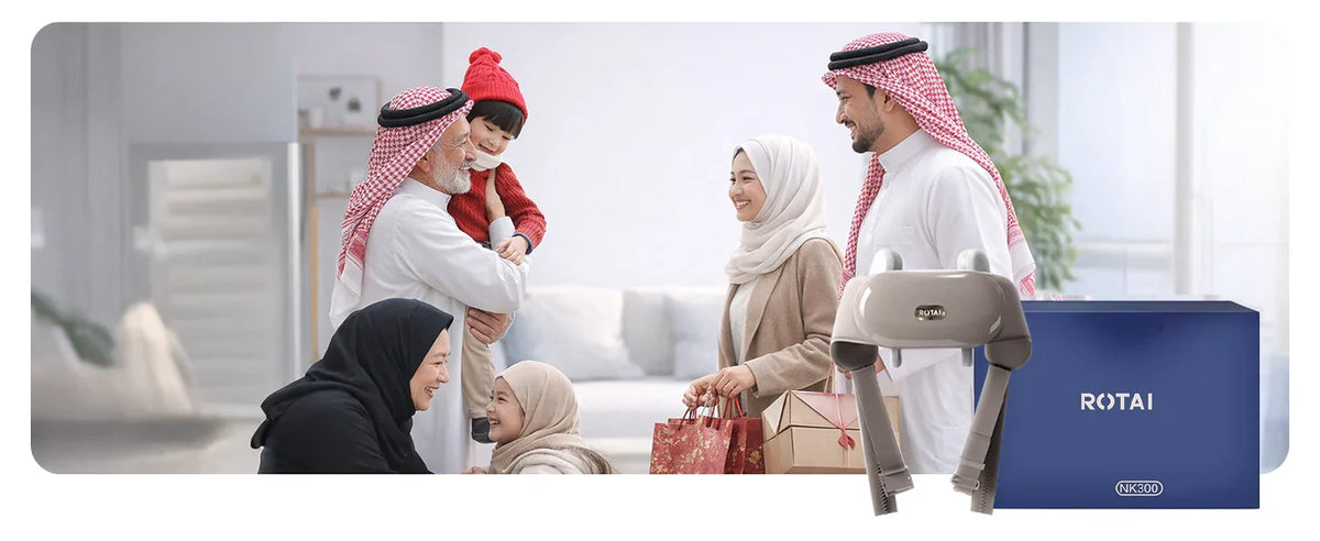 Smiling family exchanging gifts at home with Rotai NK300 massage device and box nearby