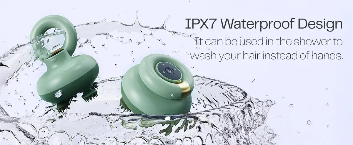 IPX7 waterproof green scalp massager with detachable handle, splash-proof in water