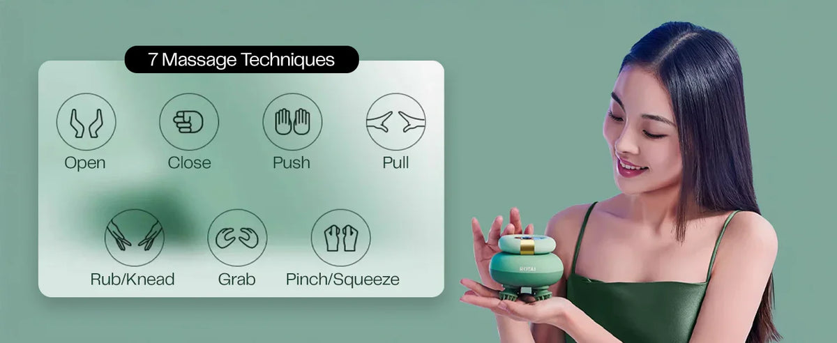 Woman holding green scalp massager, seven massage techniques listed on left, green background.