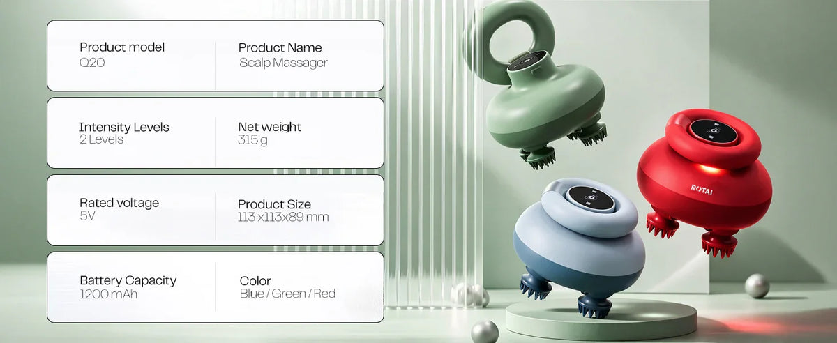 Three Q20 scalp massagers in green, blue, and red with product features listed beside them.