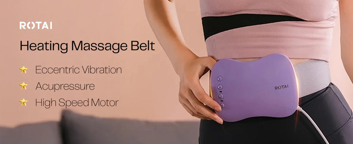 Woman wearing a purple heating massage belt on waist, showing buttons and features like acupressure.