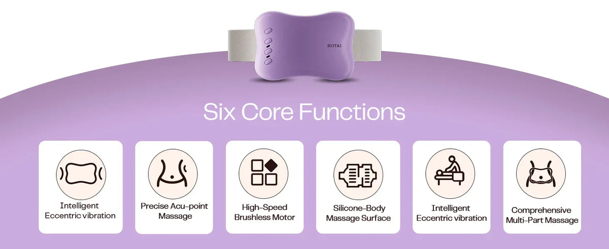 Purple slim waist massager with six core functions, including vibration and silicone surface.