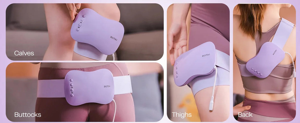 Slim purple electric massager for calves, buttocks, thighs, and back, worn by models