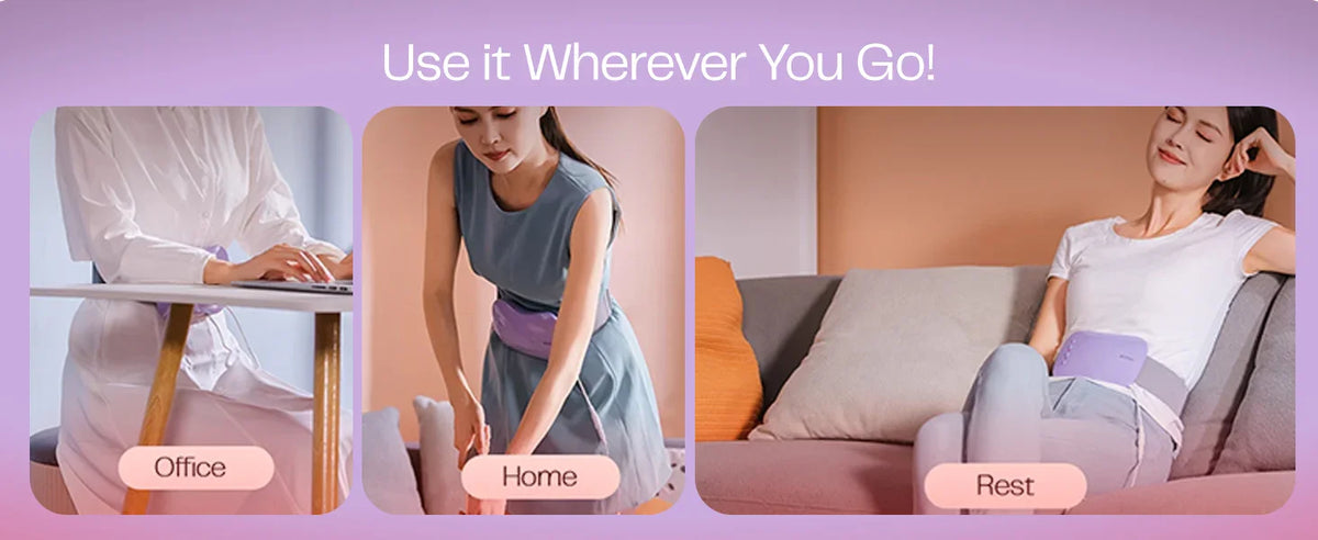 Slim waist massager belt used by women at office, home, and while resting on sofa