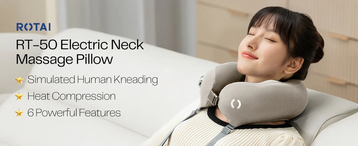 Woman relaxing with RT-50 electric neck massage pillow showing heat compression and kneading