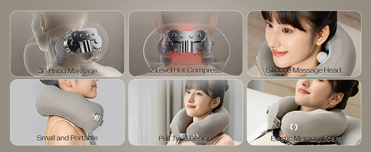 Neck massager features shown, including 3D hand massage, hot compress, silicone head, and memory foam.