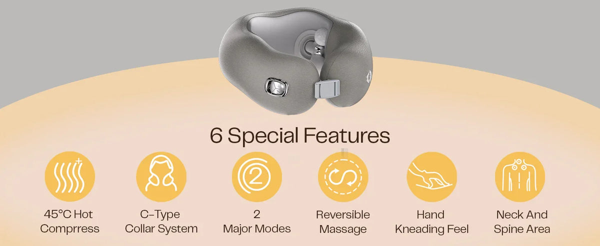 Neck massager with 6 special features including hot compress, C-type collar, and reversible massage, ideal for neck and spine relaxation.