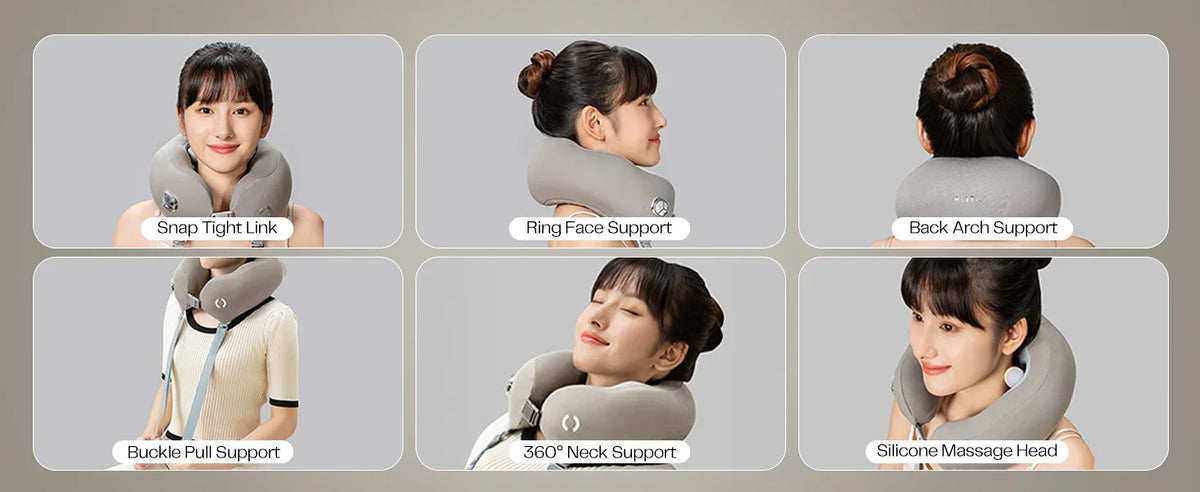 Woman demonstrating ergonomic neck massage pillow with 360° neck support features