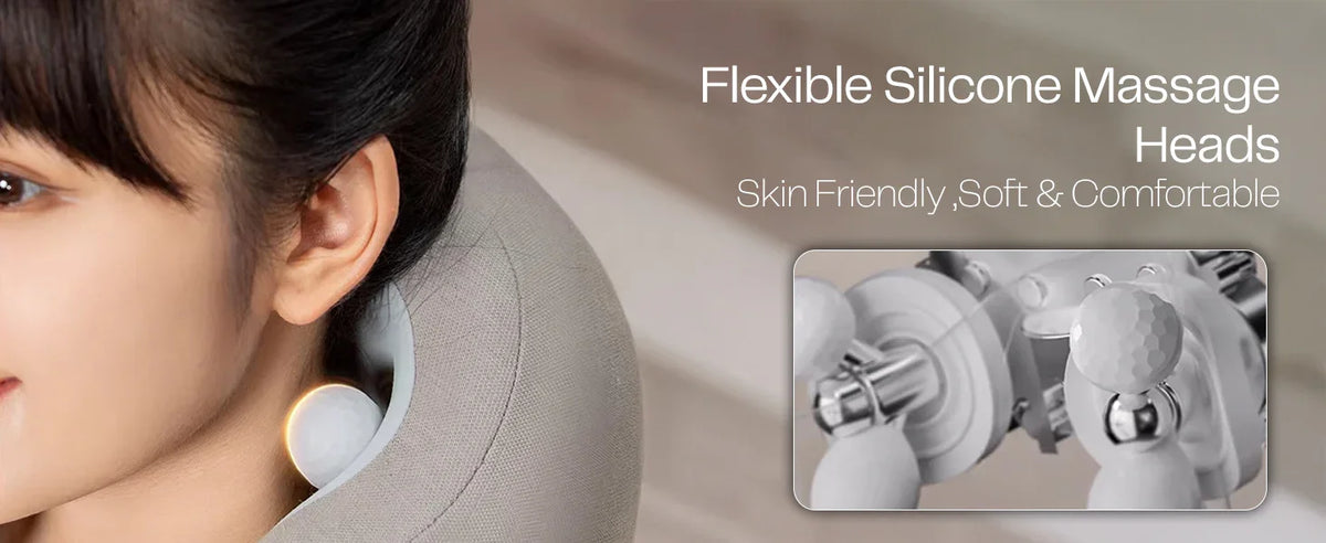 Neck massage device with flexible silicone massage heads in use, highlighting soft skin-friendly design