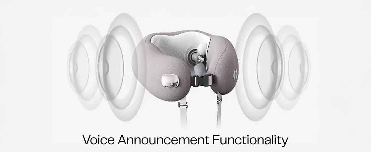 Gray neck massager with voice announcement functionality, sound waves illustrated around device