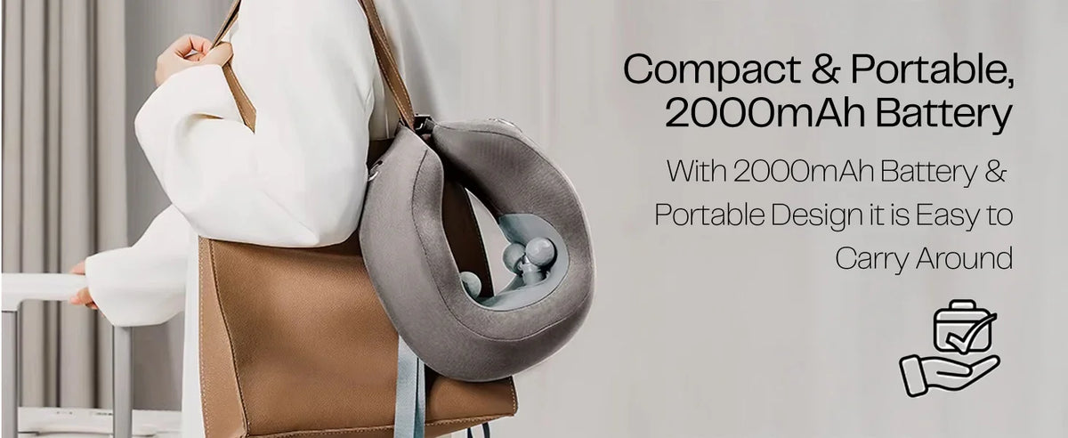Portable neck massager with 2000mAh battery hanging on shoulder bag, easy to carry