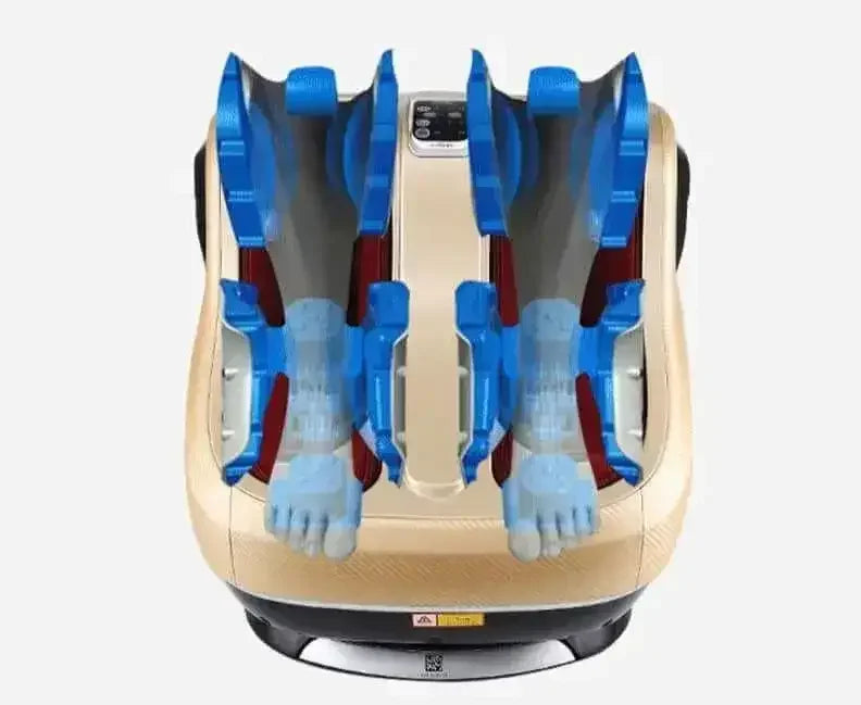 Rotai Health gold foot and calf massager with visible blue massage rollers and digital controls